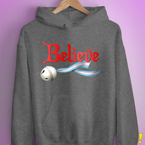 Believe Transgender Pride Jingle Bell Hoodie - Grey Heather